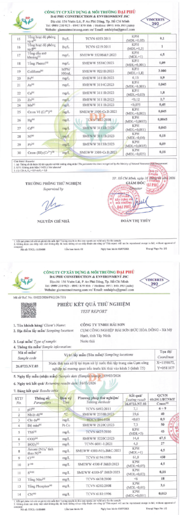 Kết quả phân tích nước thải định kỳ Quý 1/2026